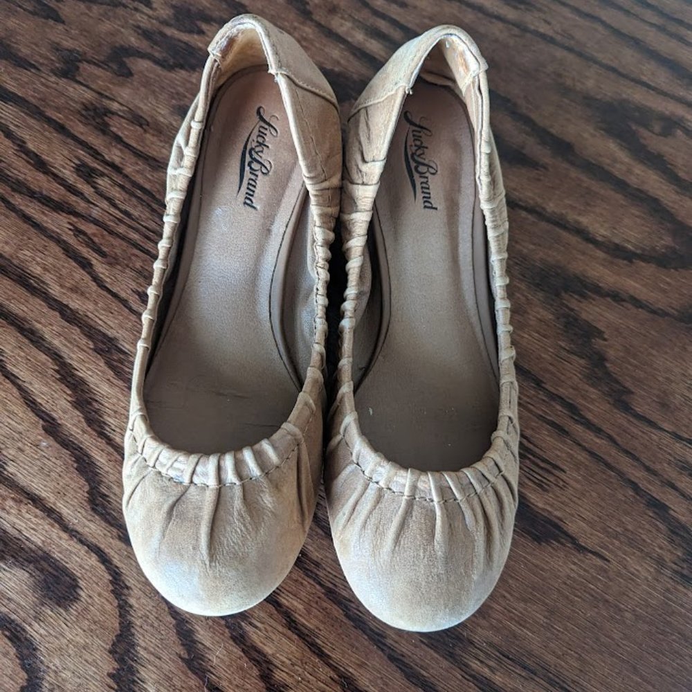 Lucky Brand Brown Leather Saddle Fibii Pleat Pleated Ballet Flat w/ Wedge 7.5
